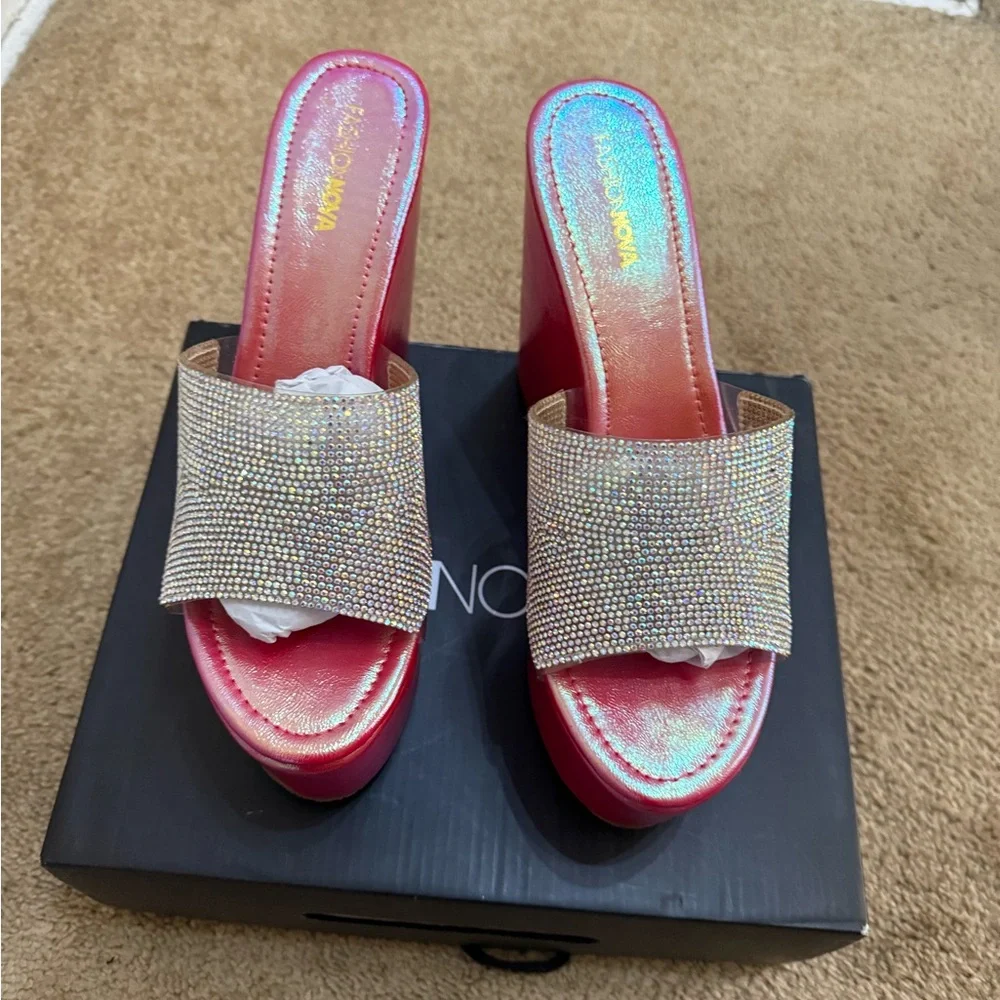 Fashion Nova Red Iridescent Platform Wedges with Rhinestone Strap